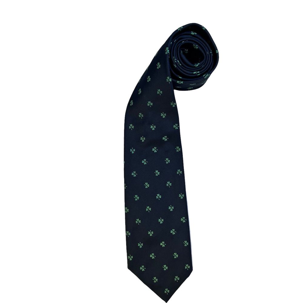Malden Ties Black Neck Tie Green Clover 3.5”x54.5” Great Britain Made Irish Luck